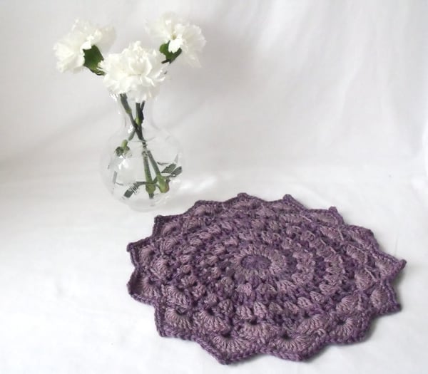purple and lilac crocheted cotton doily, funky lilac mandala