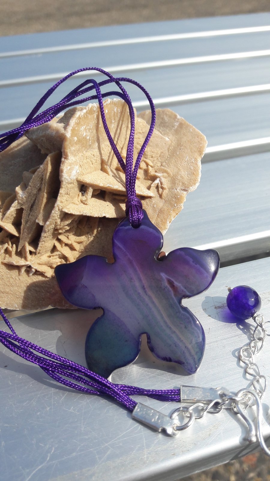 Purple and Green Flower on Purple Cord Necklace