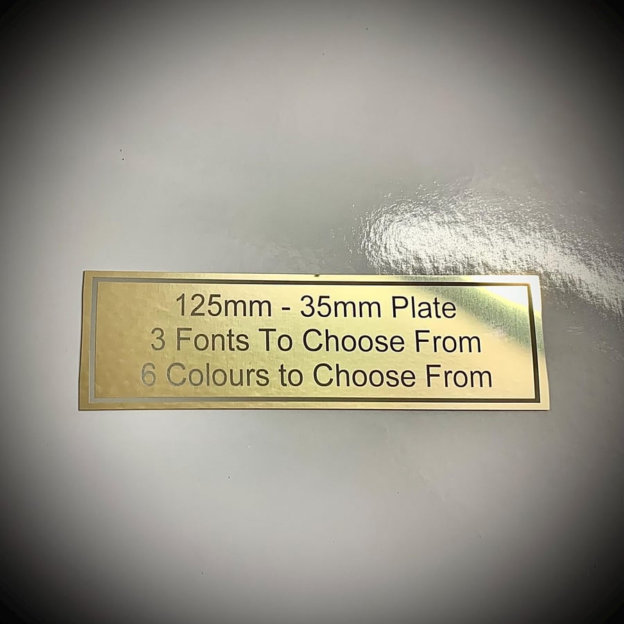 125mm by 35mm personalised engraving plate with border. Available in mirror gold