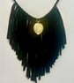 Upcycled Black Boho Goth Statement Necklace with Gold Leaf Pendant - Image 4
