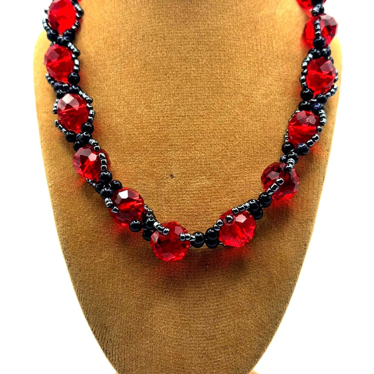 Beaded Statement Necklace with Blue Goldstone and Red Gems - Handmade