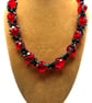 Beaded Statement Necklace with Blue Goldstone and Red Gems - Handmade