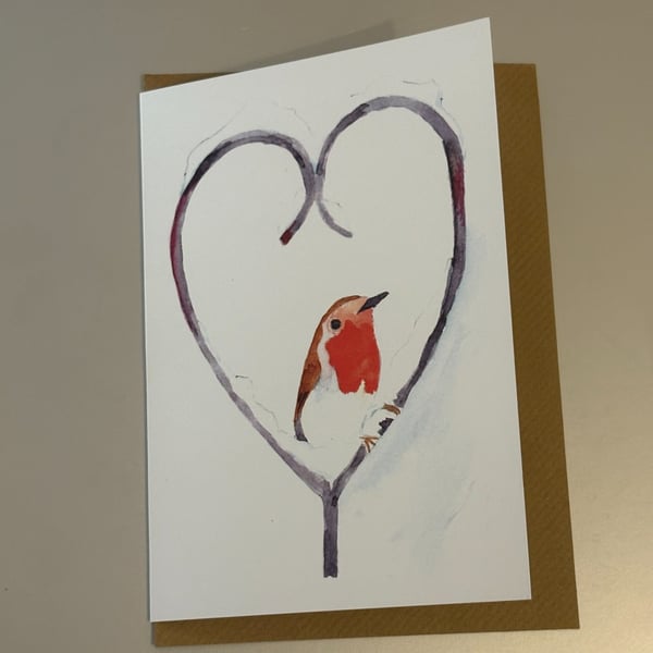 Robin in Heart A5 Christmas Greeting Cards 
