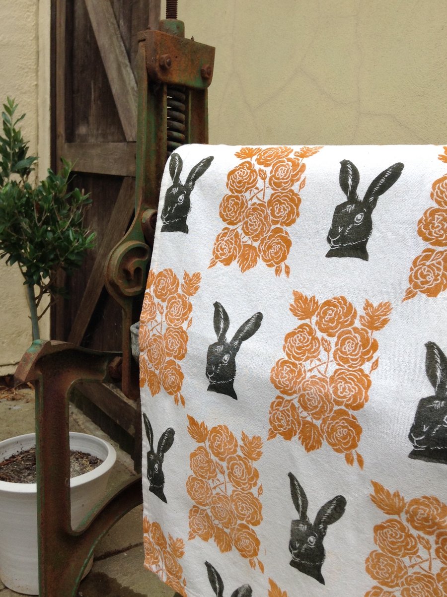 Hand Printed Hare Tea Towel