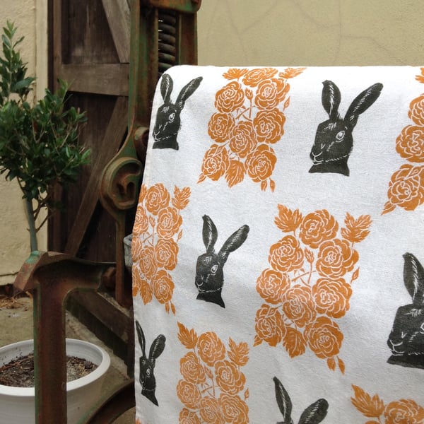 Hand Printed Hare Tea Towel