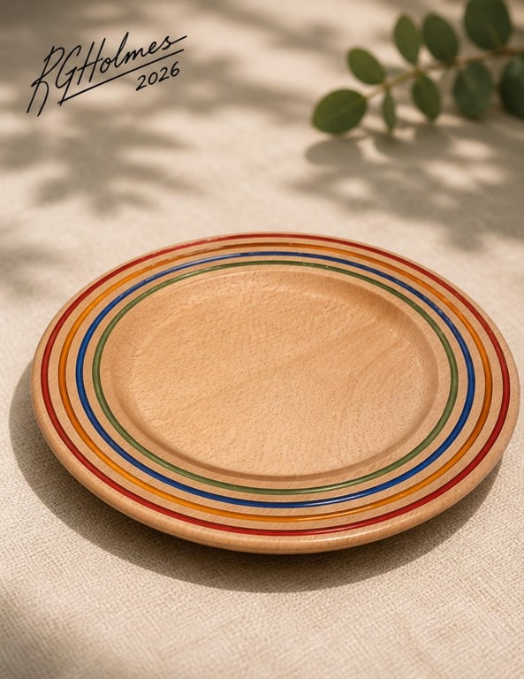Wood turned beech platter, bowl with multicoloured resin inlays