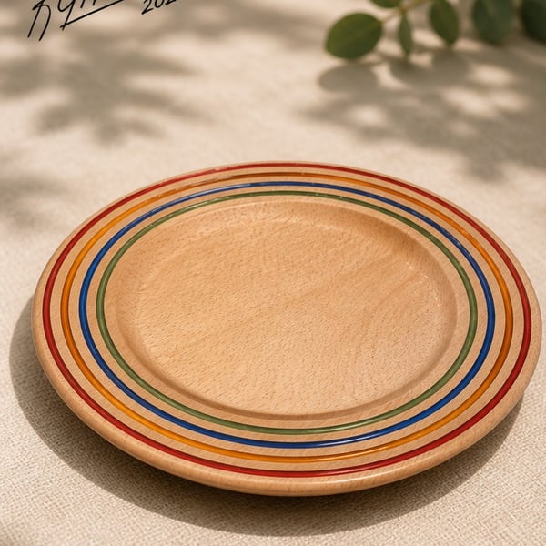 Handmade beech plate, bowl with multicoloured resin inlays