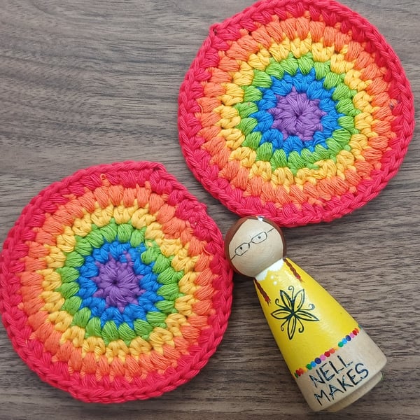 Rainbow crochet coasters
