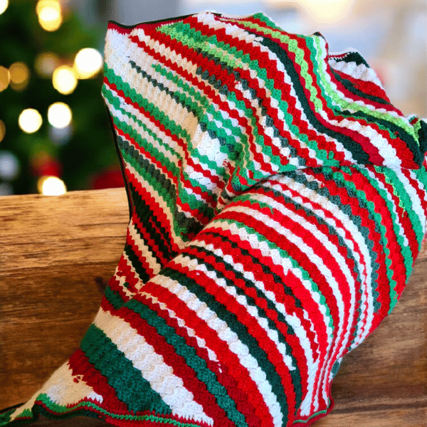 Handmade Crochet Christmas Blanket. Red White and Green