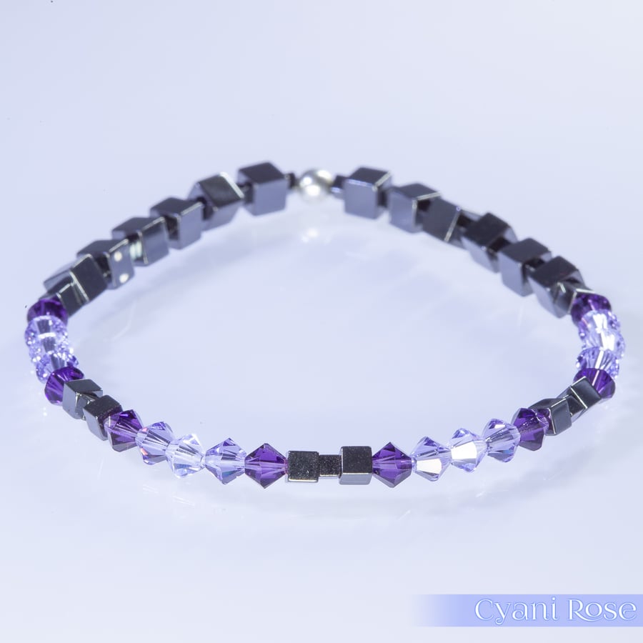 Swarovski and Hematite stretch beaded bracelet purple black