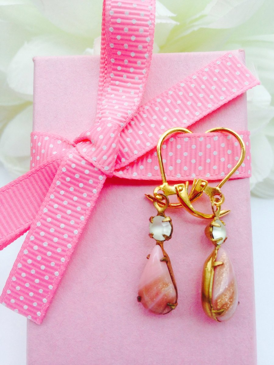  Vintage pink glass earrings with frosted crystal rhinestone.  