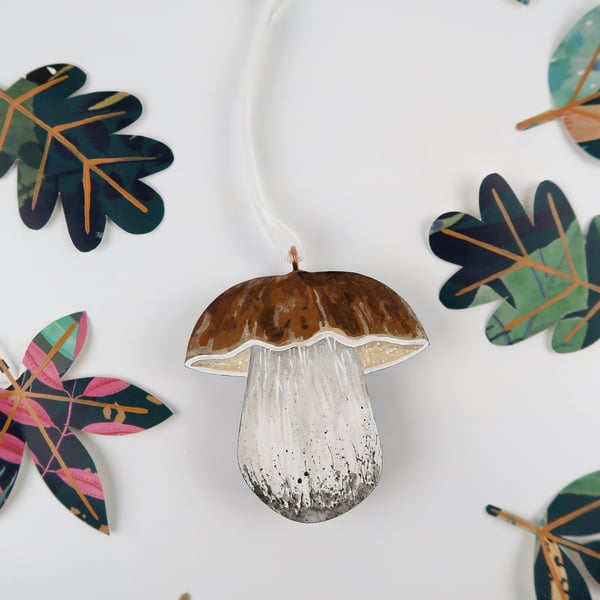 Porcini hanging ornament, mushroom decoration for Christmas tree.