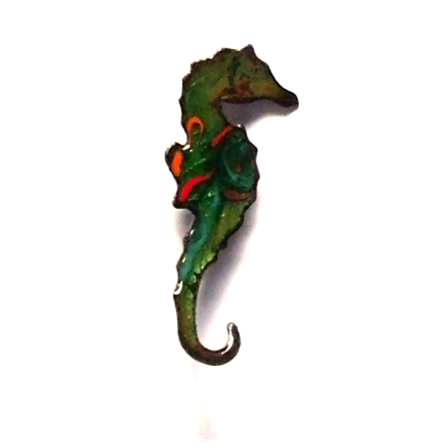 seahorse brooch - orange, red, blue scrolled on green enamel over clear