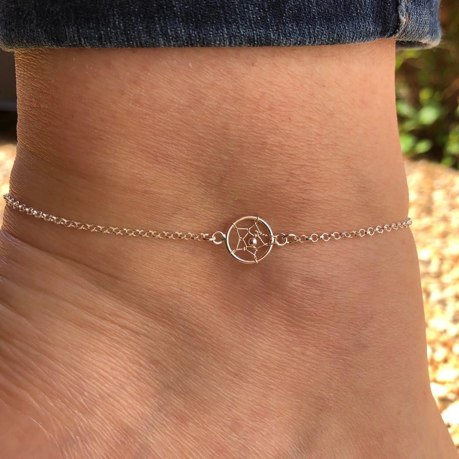 Dream catcher sterling silver anklet 10 to 11 inches