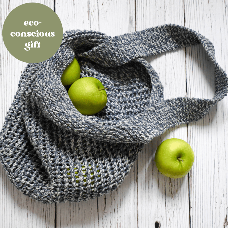 Hand Knitted cotton shopping grocery bag - Denim Blue Neutral