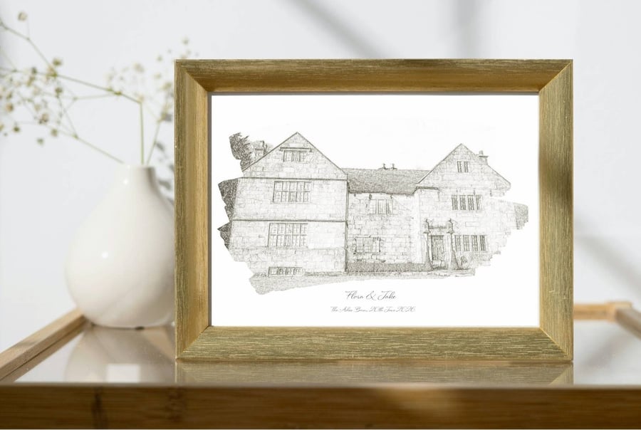 A4 A5 wedding venue sketch print, personalised, luxury card, anniversary, couple
