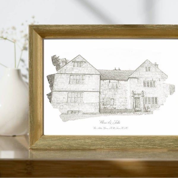 A4 A5 wedding venue sketch print, personalised, luxury card, anniversary, couple