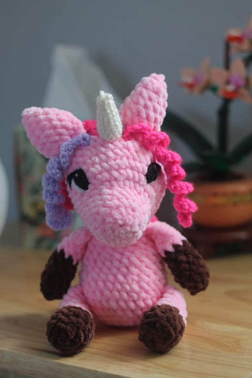 Handmade Crochet Unicorn Plushie - Made to Order Amigurumi Unicorn - Pink Plush 