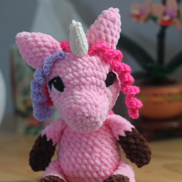 Handmade Crochet Unicorn Plushie - Made to Order Amigurumi Unicorn - Pink Plush 