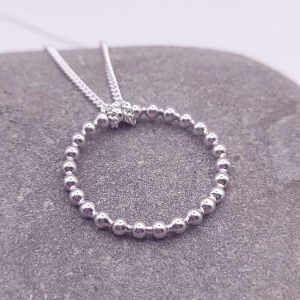 Sterling Silver Beaded Circle Pendant - Ring