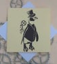 Steampunk Penguin Art Greeting Card From Original Lino Cut Print Cream