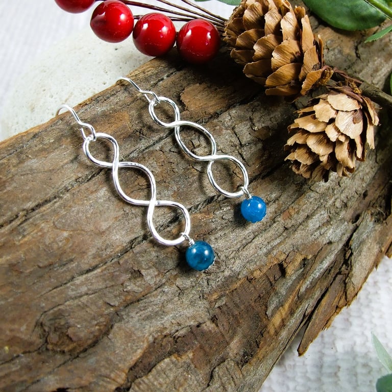 Earrings, Sterling Silver Twisted Circles and Apatite Droppers