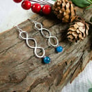 Earrings, Sterling Silver Twisted Circles and Apatite Droppers