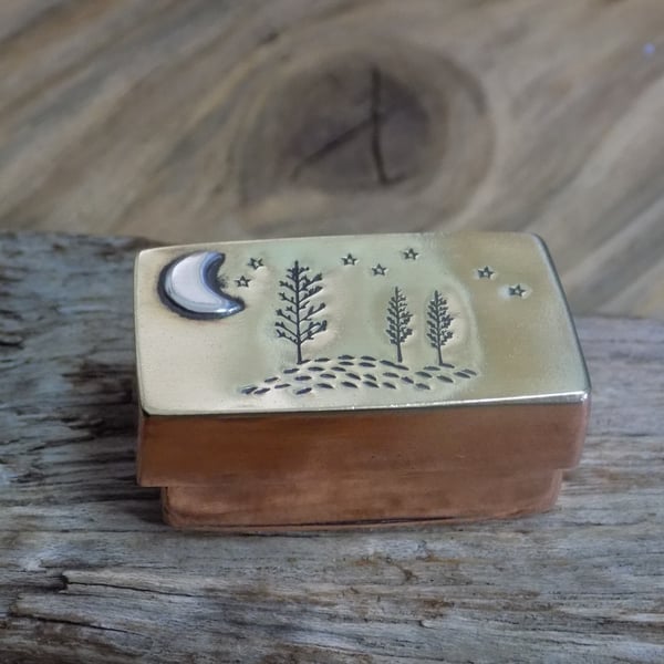 Copper, brass and silver 'tree and moon' trinket box (oblong) 