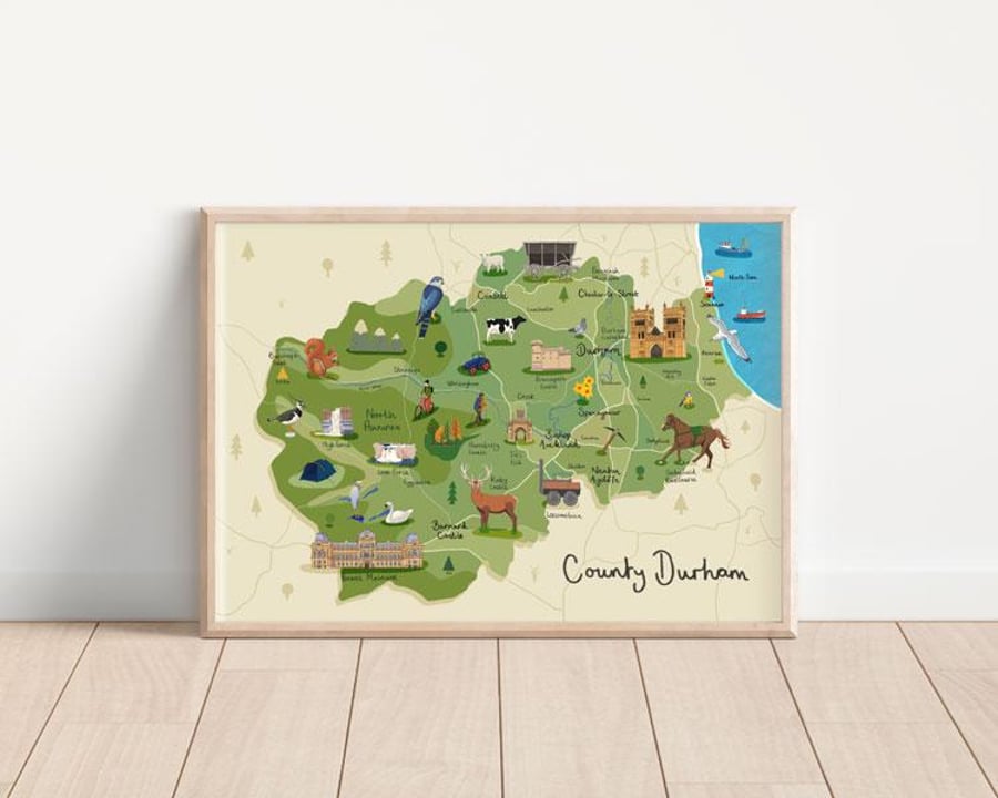 County Durham Illustrated Map Art Print Gift A4, A3