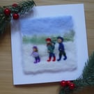 Needle felted handmade Family walk christmas greetings card