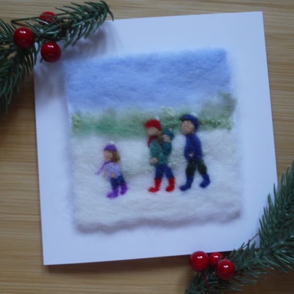 Needle felted handmade Family walk christmas greetings card