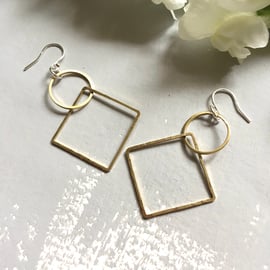 Large Brass Circle & Square Earrings, geometric jewellery, brass jewellery, stat