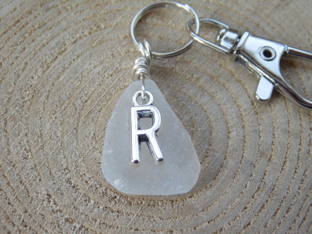 Initial 'R' White Cornish Sea Glass Bag Charm Keyring K535
