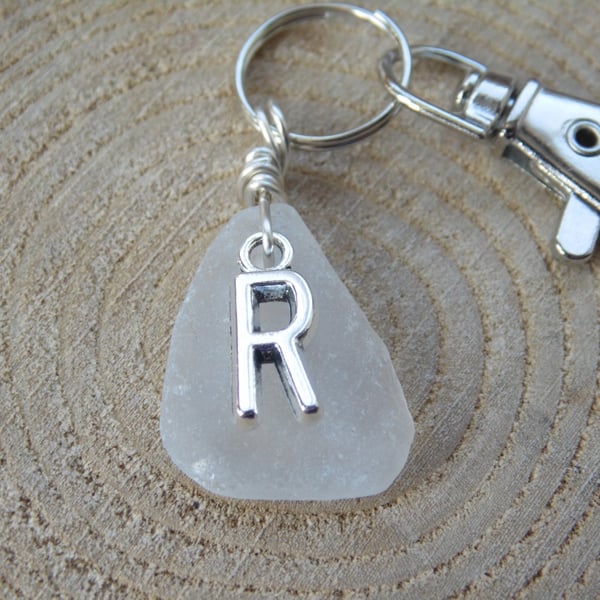 Initial 'R' White Cornish Sea Glass Bag Charm Keyring K535