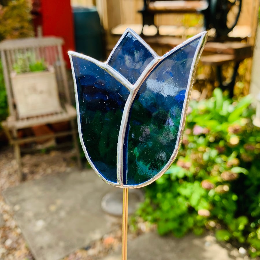 Stained  Glass Tulip Stake Large - Handmade Plant Pot Decoration -  Blue