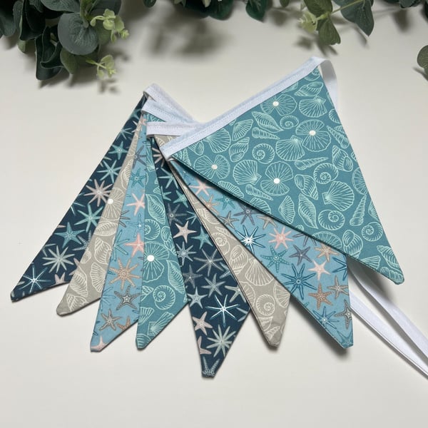 Handmade Fabric Bunting 8 Flags in Coastal Shells & Starfish Design