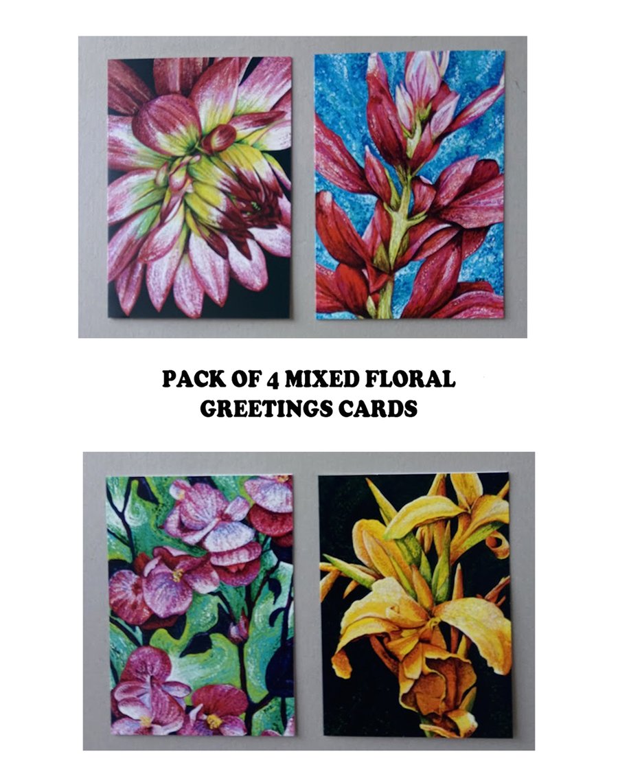 Floral Greetings cards. Pack of 4 designs.