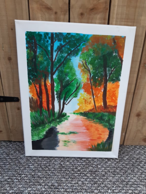 Painting acrylic woodland bright autumnal 