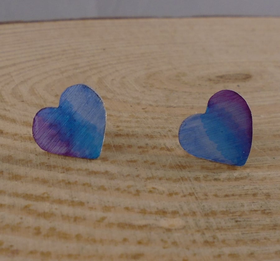Anodised Aluminium Blue and Purple Heart Stud Earrings AAE072003