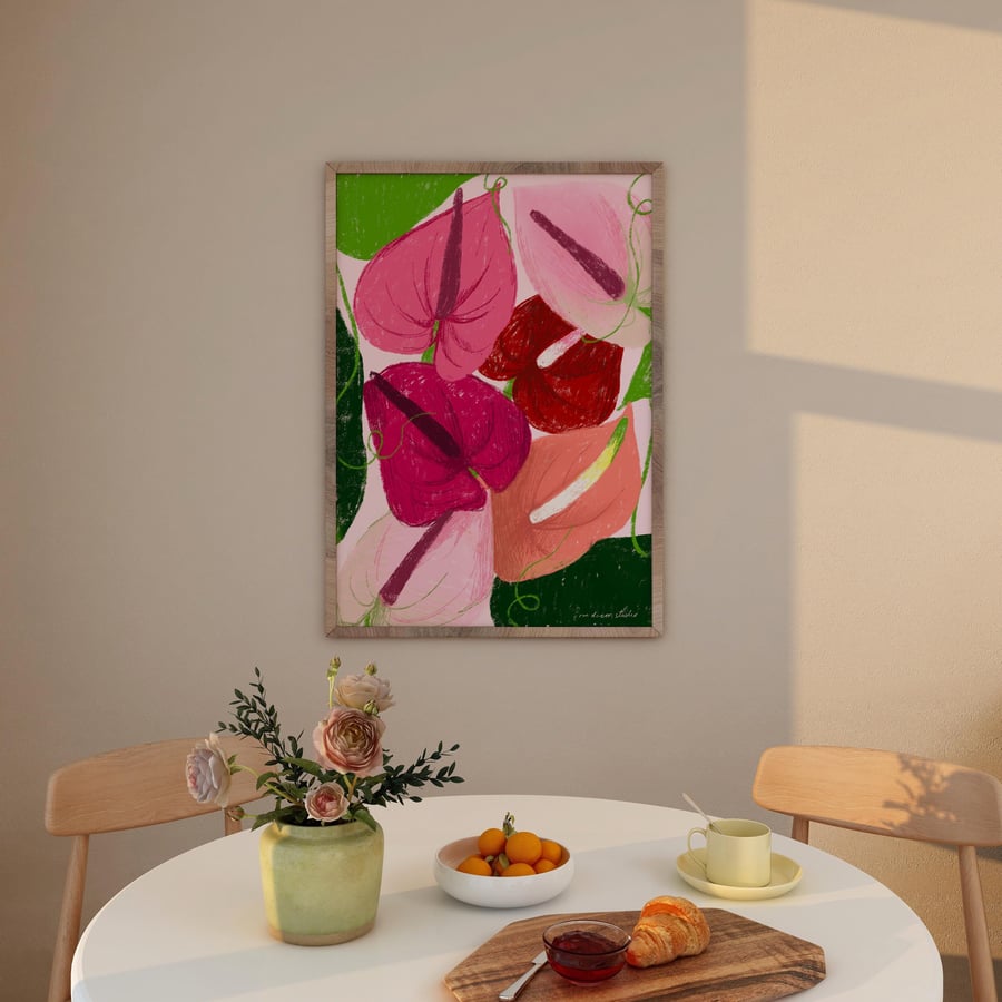 Anthurium Art Print Poster, Vintage Flowers Print