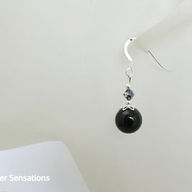 Black Onyx Dainty Earrings With Sterling Silver & Premium Crystals - Under 10