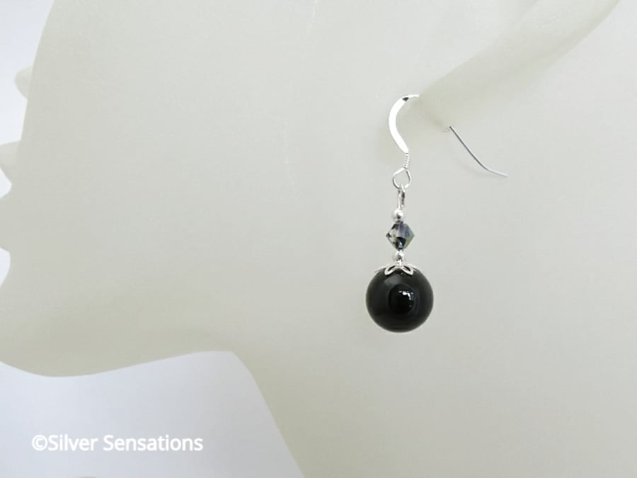 Black Onyx Dainty Earrings With Sterling Silver & Premium Crystals - Under 15GBP