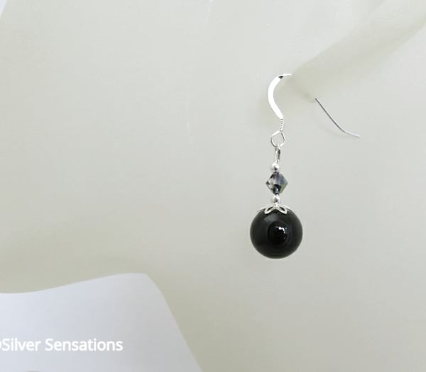 Black Onyx Dainty Earrings With Sterling Silver & Premium Crystals - Under 15GBP