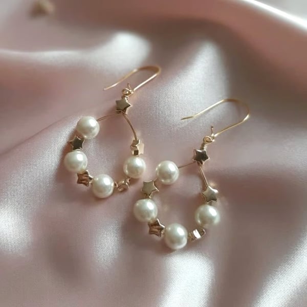 Celestial Pearl and Star Teardrop Earrings – Handmade Wire Wrapped Jewellery
