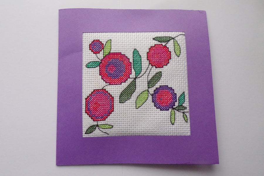 Christmas Card, Christmas Flowers Card, Cross Stitched Christmas Card