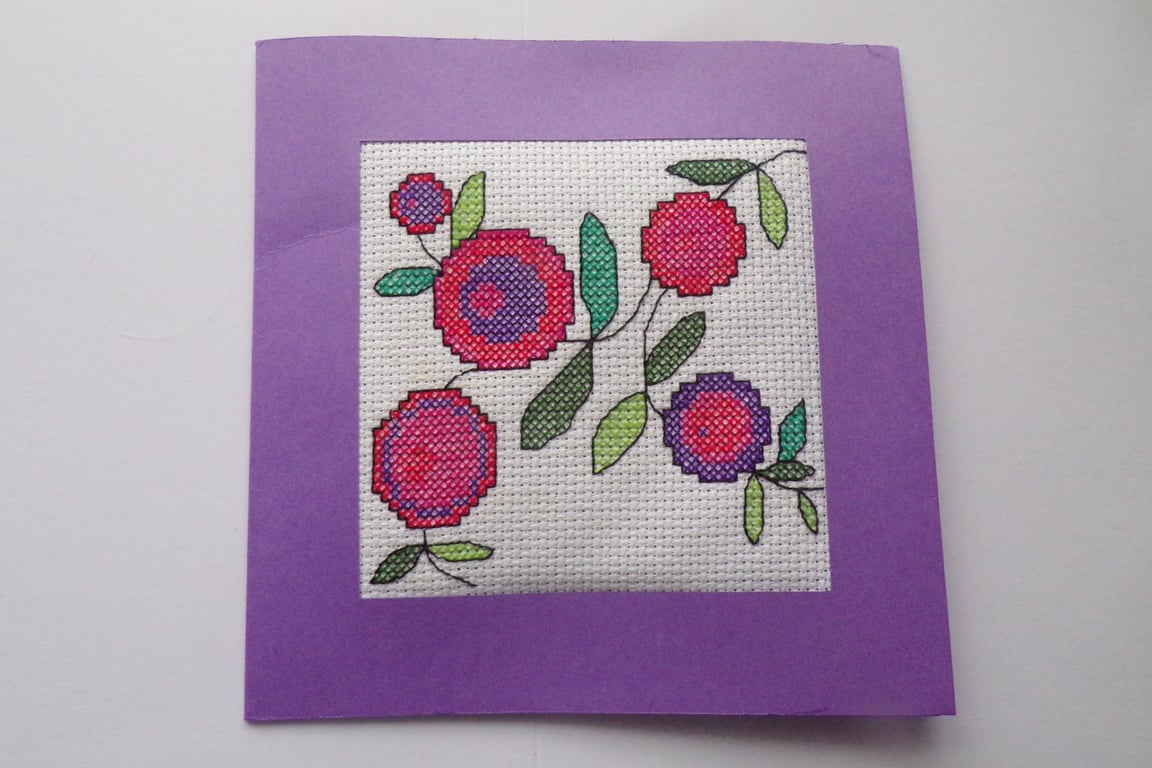 Christmas Card, Christmas Flowers Card, Cross Stitched Christmas Card