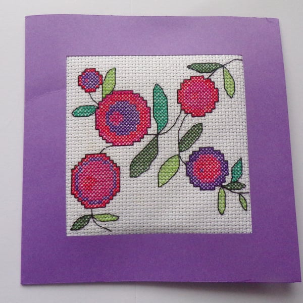 Christmas Card, Christmas Flowers Card, Cross Stitched Christmas Card