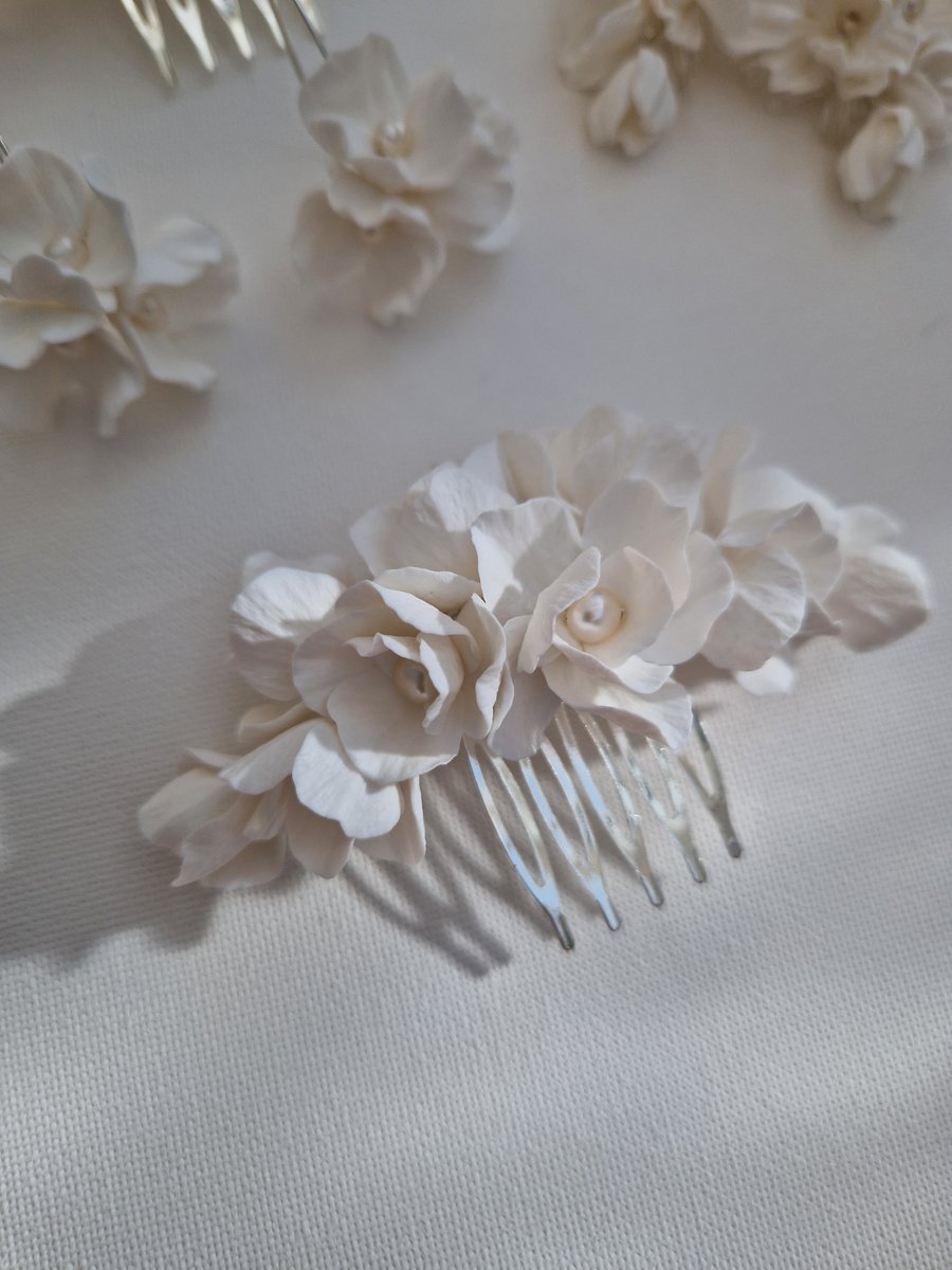 Bridal hair comb, white flower hair slide, wedd... - Folksy