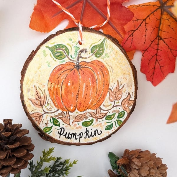 Pumpkin hand-painted log slice decoration 