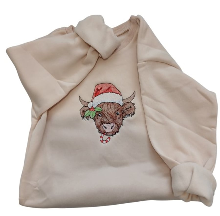 Child Christmas Sweatshirt, Cream Sweatshirt, Holiday Jumper, Highland Cow jumpe